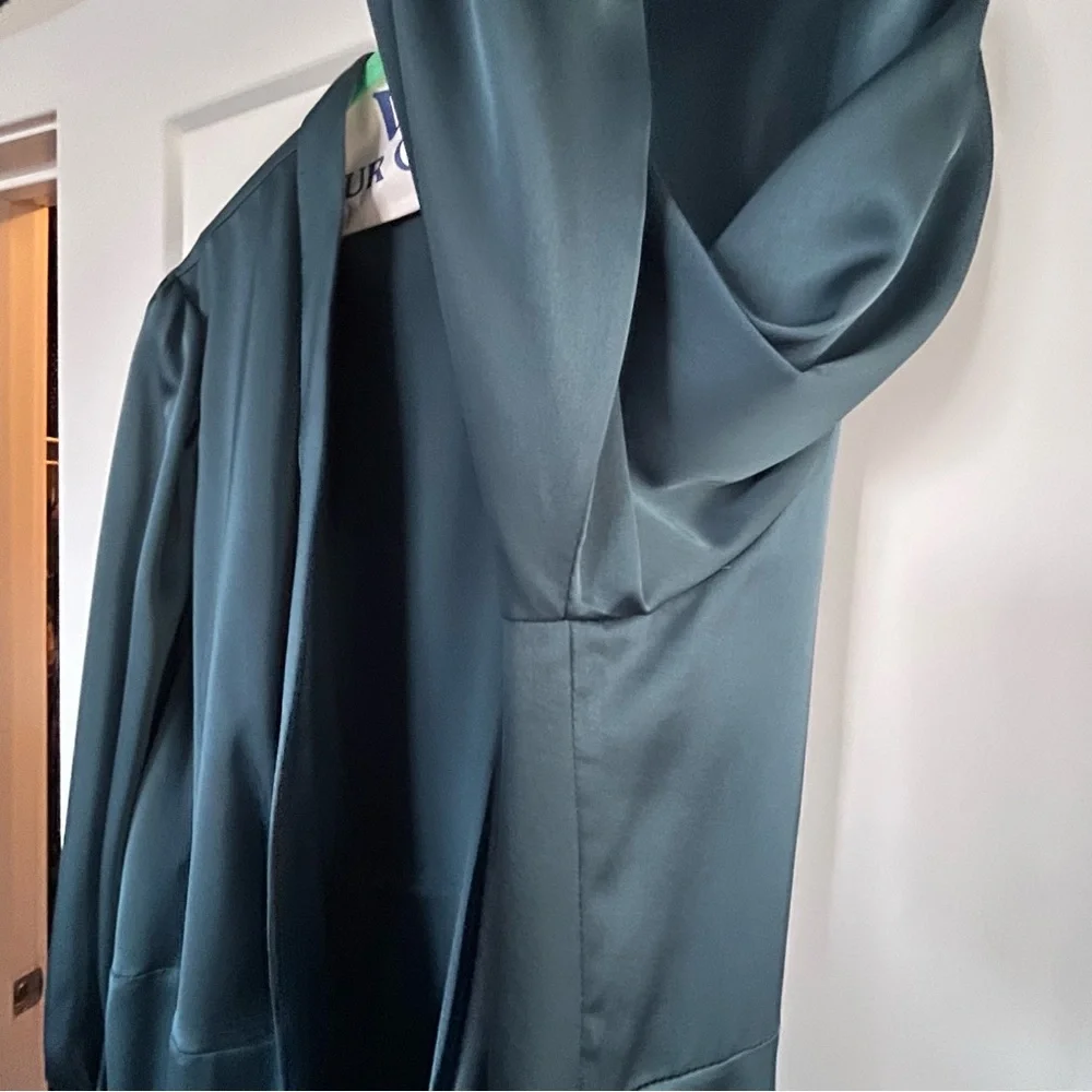 Eloquii Teal Long Sleeve Wrap Dress with pearl buttons - Picture 7 of 10